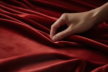 Poster - A close-up photograph of a person's hand resting on a vibrant red cloth. This image can be used to convey concepts such as touch, texture, or creativity in various projects.