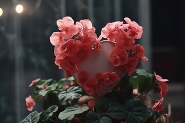 Poster - A heart-shaped planter filled with beautiful pink flowers. This picture can be used to add a touch of romance and beauty to any project.