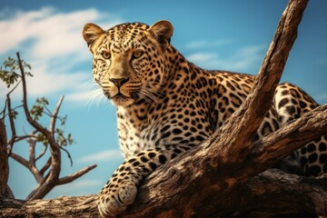 Poster - A leopard is seen sitting on a tree branch. This image can be used to depict the beauty and grace of wildlife in its natural habitat.