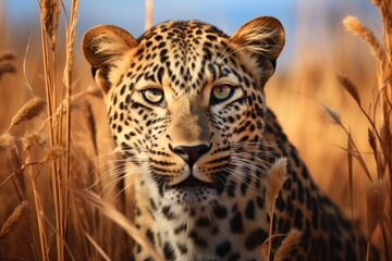 Canvas Print - A close-up photograph of a leopard in a field of tall grass. 