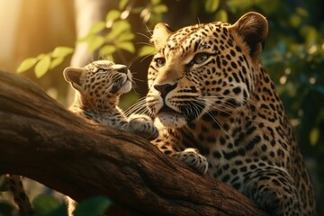 Poster - A mother leopard and her cub are seen sitting together on a tree branch. This image can be used to depict the bond between a mother and her child, wildlife conservation, or the beauty of nature