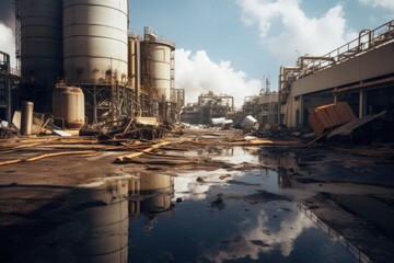 Aufkleber - A picture of a dirty industrial area with a large amount of water. This image can be used to depict pollution, environmental issues, or industrial landscapes.