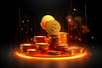 Fototapete - 3D illustration of bright coins with the image of Bitcoin, virtual money concept,  generative ai