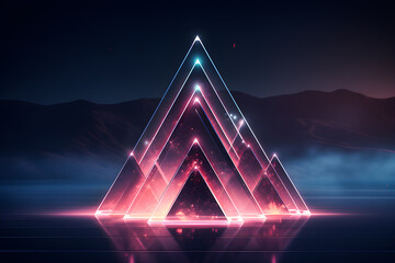 Poster - 3D illustration bright geometric composition with neon triangles,generative ai