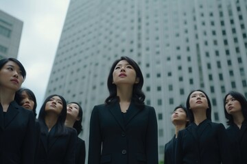 Wall Mural - Group of Japanese businesswomen, standing facing each other. in the background the financial district