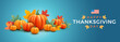 Thanksgiving day banner with pumpkins, fall leaves, USA flag and text Happy Thanksgiving day - blue background - vector illustration