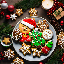 Plate Set For Santa Claus On Christmas Night The Silent Night Before He Comes Down The Chimney And Has His Cookies And Milk Shaped Like Christmas Trees And Gingerbread Man With Red Hat
