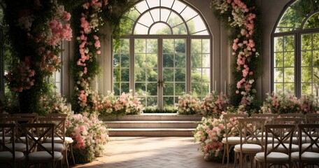 Wall Mural - A garden wedding ceremony, set amidst blooming flowers and verdant greenery. Generative AI