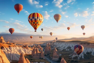 Hot air balloons flying over Cappadocia, Turkey, Hot air balloons flying over spectacular Cappadocia, AI Generated