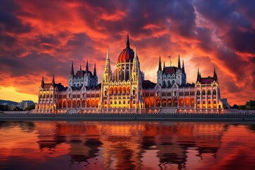 Canvas Print - Hungarian Parliament Building in Budapest, Hungary at sunset. Beautiful landscape, Hungarian parliament, Budapest at sunset, AI Generated