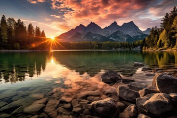 Sticker - Sunset over the lake in the Dolomites, Italy, Impressive summer sunrise on Eibsee lake with Zugspitze mountain range, AI Generated