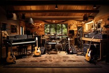 Musical Instruments In A Recording Studio. Guitar, Piano And Electric Guitar, Indoor Recording Studio With Guitars Amps And Pianos, AI Generated