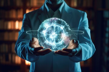 Poster - close up of businessman holding global network hologram. 3d rendering, innovative technologies in sc