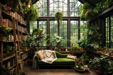 Poster - Interior of a living room with a green sofa and plants, Interior design room with a lot of plants, AI Generated