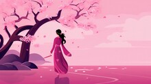 Japanese Girl Silhouette, Sakura Blossom,