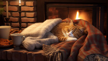 Red Cat Sleeping Sweetly Under A Cozy Blanket Next To The Fireplace