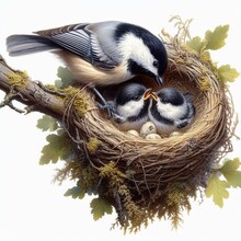 A Female Black-capped Chickadee Tending To Her 2 Chicks In The Nest Isolated On A White Background