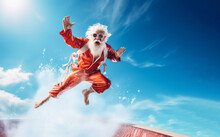Santa Claus Doing Karate Moves In The Air. Comes Out From Rooftop. Abstract Funny Creative Scene For Christmas.