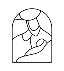 Christmas Vector Christian icon religious Nativity Scene of baby Jesus with Mary and Joseph. Logo illustration sketch. Doodle hand drawn with black lines isolated on white background