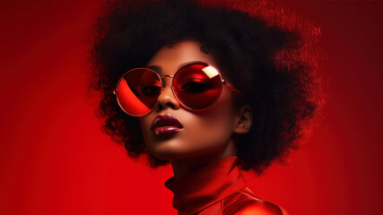 Wall Mural - Fashion portrait of beautiful african american woman with afro hairstyle in red sunglasses