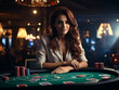 Woman Poker player at casino table. Neon bokeh lights at background