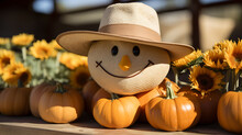 Cheerful Pumpkin Scarecrow With A Woven Hat, Smiling Amidst Fresh Pumpkins And Vibrant Sunflowers