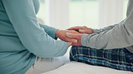 Poster - Senior couple holding hands in home for support, care and empathy after cancer diagnosis. Closeup, elderly man comfort woman and love, kindness and connection, trust partner and hope together on bed