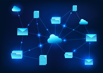 Fototapete - Technology for sending data files over the internet network Sending files via email system through the cloud system It is a system with security.