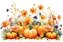 Watercolor Pumpkin And Flower Garden Clip Art. Vibrant Flowers Illustration Isolated On White Or Transparent Background, PNG