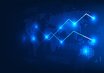 Fototapete - World map technology along with stock graphs On the back is a number code. Refers to the prices of the world's economy that fluctuate all the time.