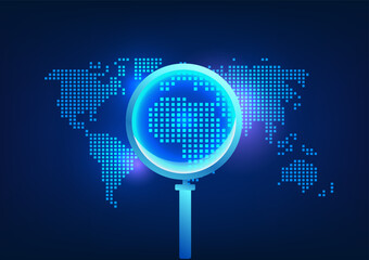 Poster - Search technology A magnifying glass that looks at the world map It means that information can be found all over the world through the internet network for use in work.