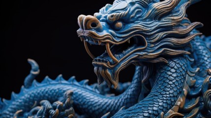 Blue wooden Chinese dragon statuette background. Navy Dragon's face of figurine. Happy Chinese new year 2024 Wallpaper concept..