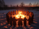 Fototapeta  - Circle of people around fire in snowy field at dawn. Winter fantasy. Pagan Christmas ritual, Yule or New Year concept. Design for event invitation, greeting card with copy space for text