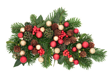 Wall Mural - Christmas festive spray of flora, bauble decorations, holly berries, fir, mistletoe, ivy, on white background. Festive greeting card design for New Year, Yule, Noel.