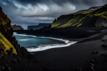 Sticker - a volcanic beach covered in black sand and dramatic cliffs