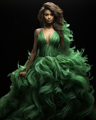 Wall Mural - A striking woman in a green gown, adorned with delicate ruffles, exudes an air of elegance and grace as she commands attention with her impeccable fashion sense