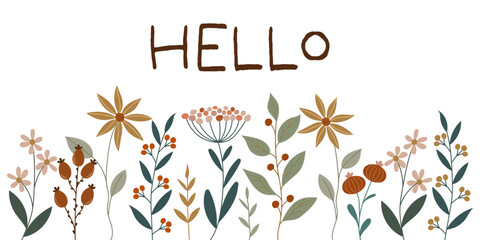 Sticker - Hello - Schriftzug in englischer Sprache - Hallo. Grußbanner mit hübschen Blumen.