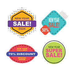 Happy New Year logo type price tag vector. Different shape tags with white background. New Year Vector illustration. 
