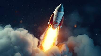 Wall Mural - startup rocket takeoff. 3d rocket launch up. concept of starting business. spacecraft with smoke on 