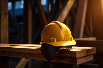 yellow construction helmets on a wooden surface