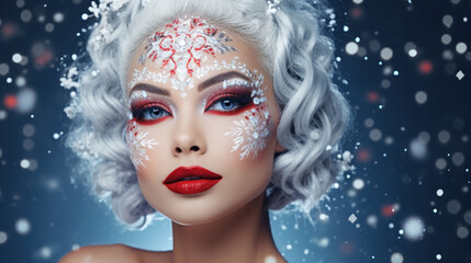 Creative women's festive New Year's Christmas winter look for a party or corporate event: makeup and styling. It is snowing