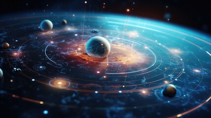 Wall Mural - A futuristic planet with a swirl around it. The planet is surrounded by stars and planets, and the swirl is filled with energy. The swirl is filled with energy, and the planets are drawn to it. 