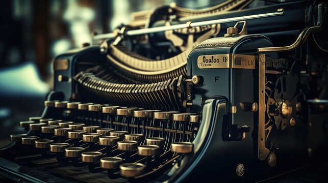 A close-up of an old typewriter, with a black and gold body and a metal border. 