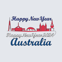 One Continuous Line Drawing Of Happy New Year In Australia. Happy New Year Design With Australia Skyline In Simple Linear Style Vector Illustration.Suitable Design For Greeting Card, Poster And Banner