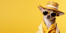Cool Looking Chihuahua Dog Wearing Funky Fashion Dress. Space For Text Right Side.