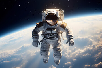 Wall Mural - spaceman or astronaut floating in the space with background of earth