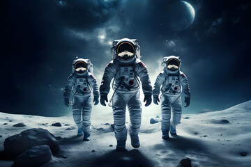 Wall Mural - three spacemen or astronauts walking on the moon.