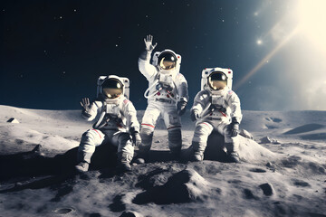 Wall Mural - three spacemen or astronauts on the moon.