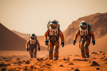 Wall Mural - three spacemen or astronauts walking on the mars.