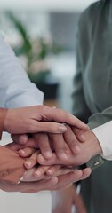 Poster - Business people, team and stack hands for support, solidarity and synergy for winning, partnership and collaboration. Closeup, employees and group huddle to celebrate achievement, trust and success